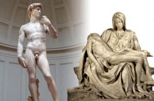 et billede af berømte Michelangelo-skulpturer - David til den betagende Pietà